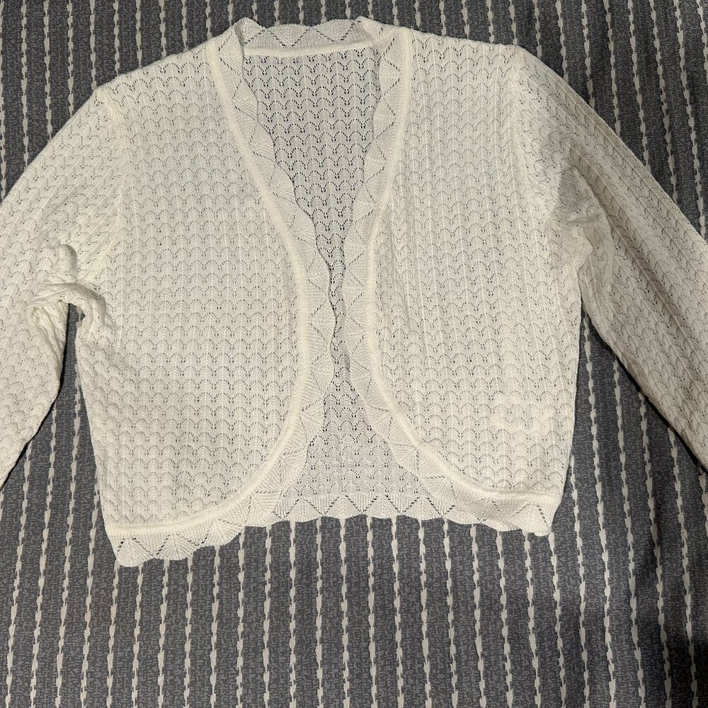 Jokelamb White Pointelle Merino Wool Blend Open Cardigan - Size M
